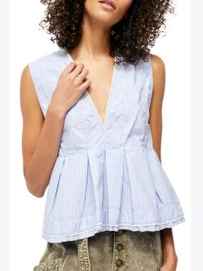 Free People Good Feels Striped Sleeveless Top Blue Ivory Pleated Sz S